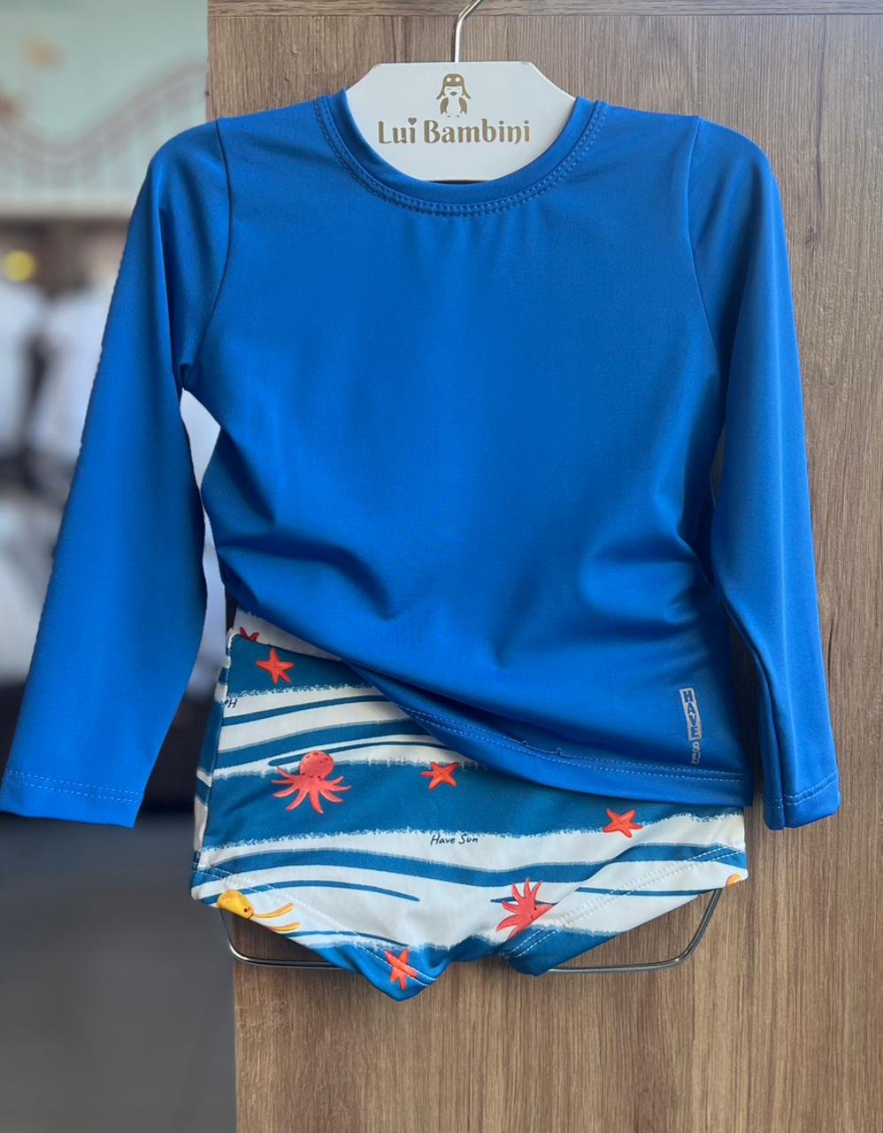 CONJUNTO CAMISETA MANGA LONGA LISO BÁSICO PROTEÇÃO UV50+ E SUNGA FUNDO DO MAR MENINO HAVE FUN - AZUL