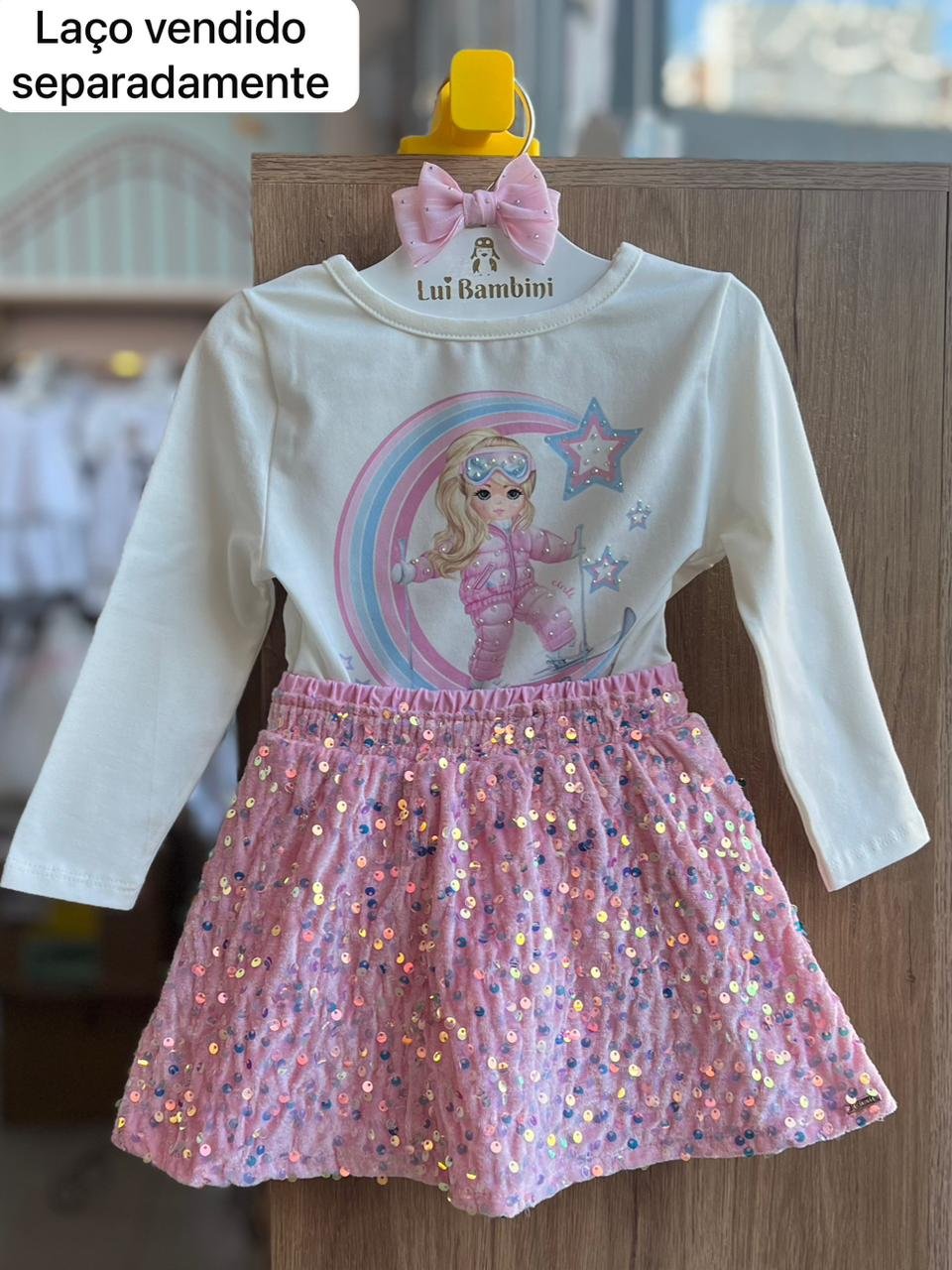 CONJUNTO BLUSA MANGA LONGA SKY NA LUA ESTRELAS E SAIA MENINA CINTI - OFF/ROSA