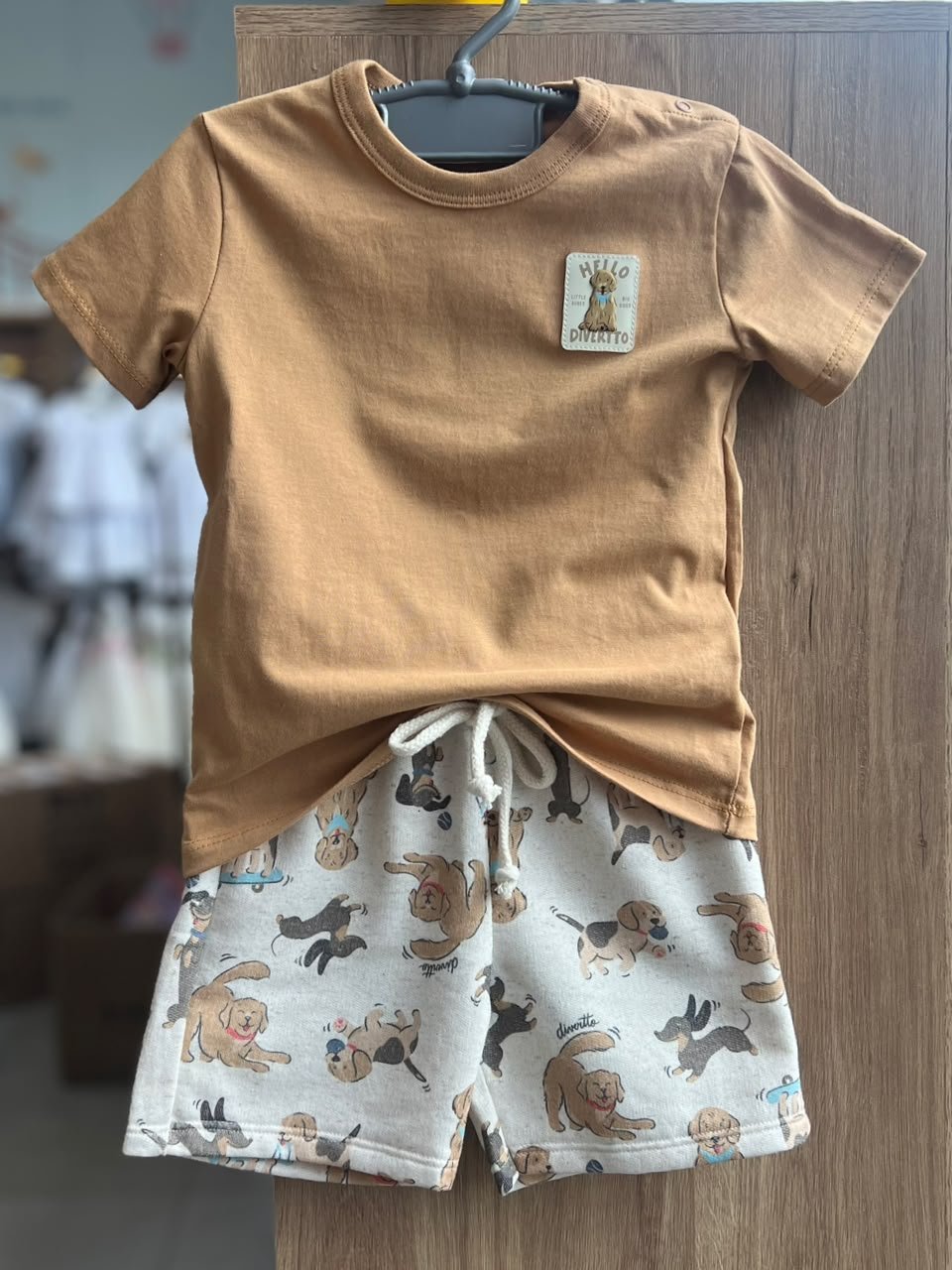 CONJUNTO CAMISETA MANGA CURTA CACHORRO E BERMUDA MENINO DIVERTTO - BEGE ESCURO