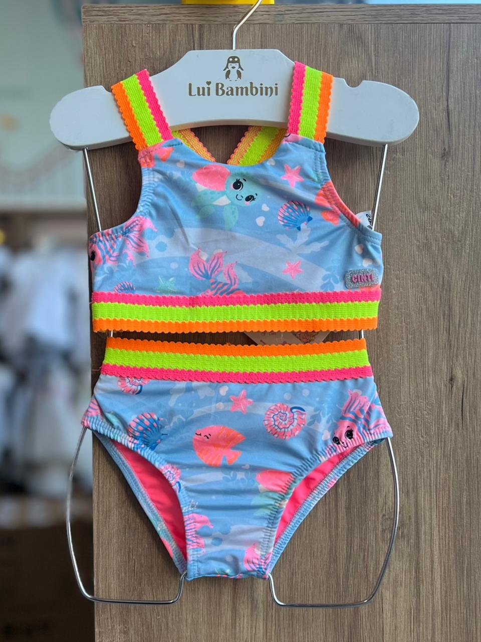 CONJUNTO BIQUINI ALÇA ELÁSTICO FUNDO DO MAR CONCHAS PROTEÇÃO UV50+ E CALCINHA MENINA CINTI - AZUL