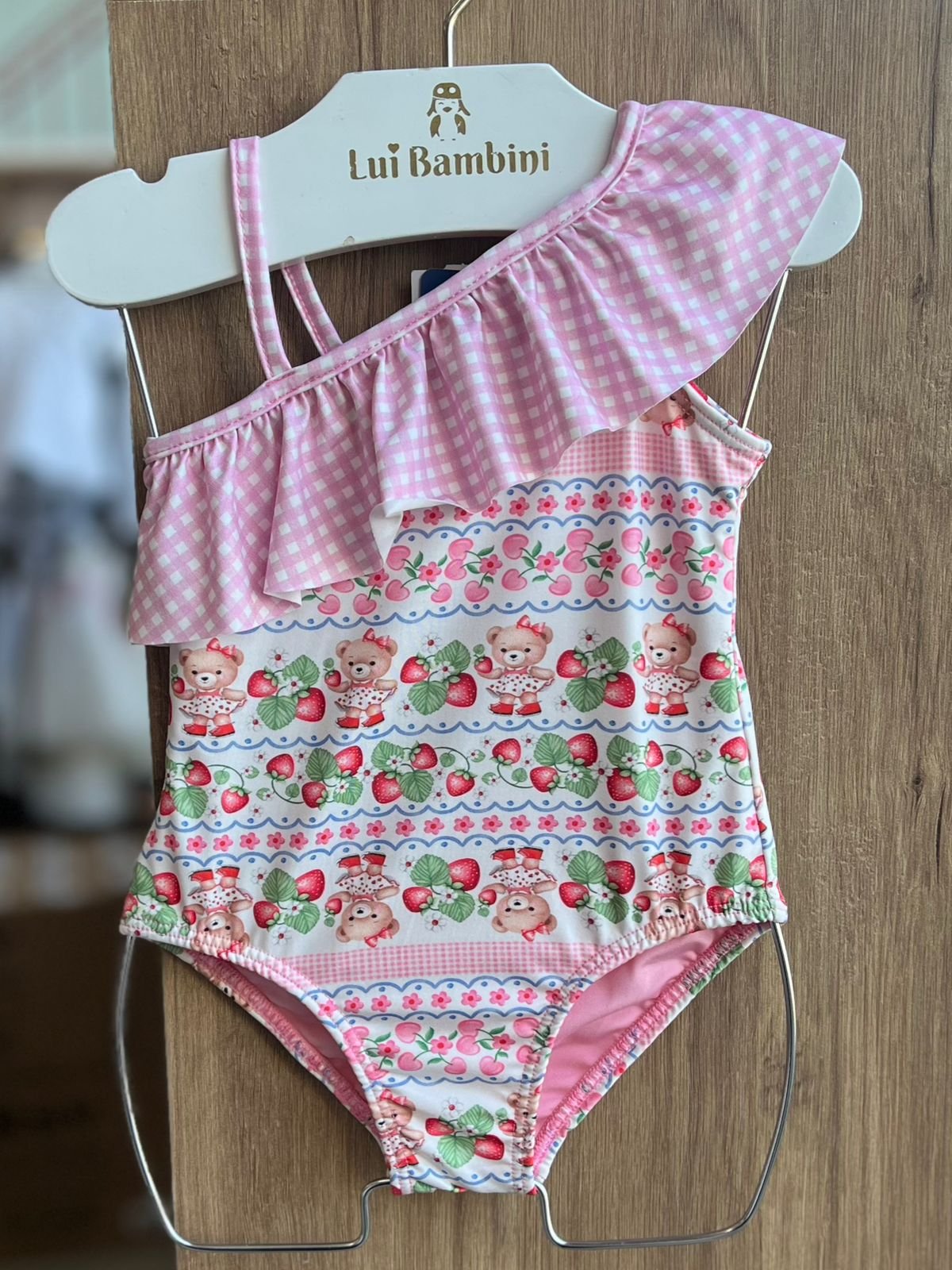 MAIÔ REGATA BABADO XADREZ ALÇA URSO MORANGO PROTEÇÃO UV50+ MENINA CINTI - Rosa