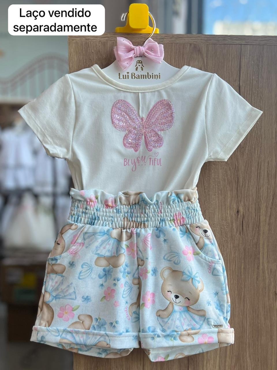 CONJUNTO BLUSA MANGA CURTA BORBOLETA PAETES E SHORT URSO MENINA CINTI - OFF
