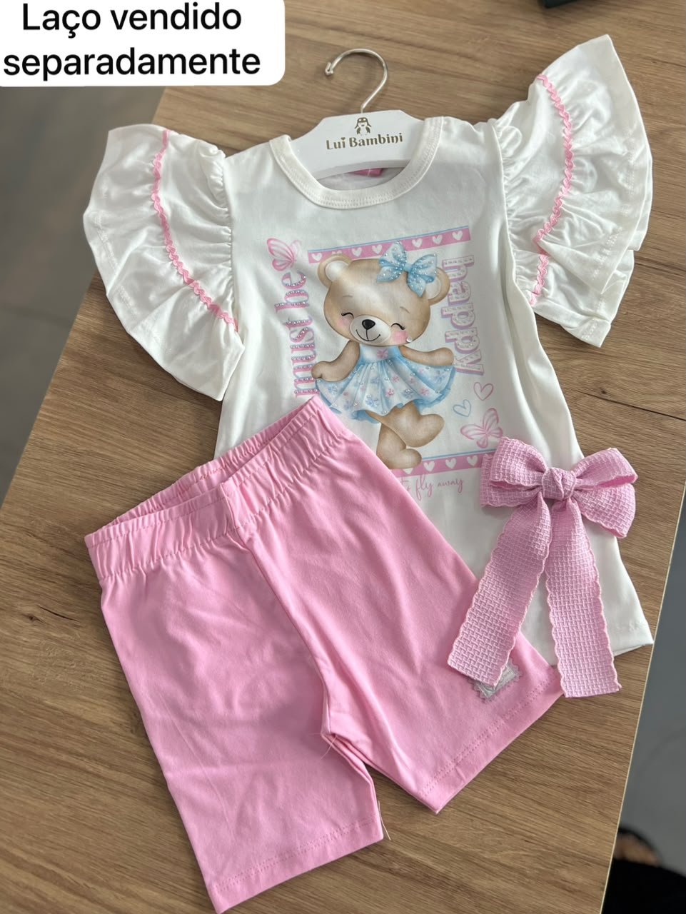 CONJUNTO BLUSA MANGA CURTA URSO STRASS HAPPY E SHORT CICLISTA MENINA CINTI - OFF/ROSA