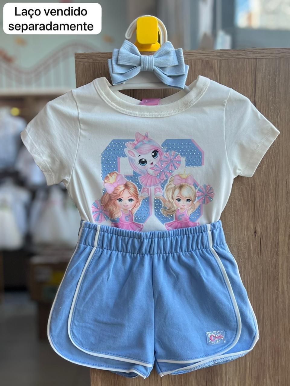 CONJUNTO BLUSA MANGAA CURTA LIDER DE TORCIDA UNICORNIO E SHORT MENINA CINTI - OFF/AZUL