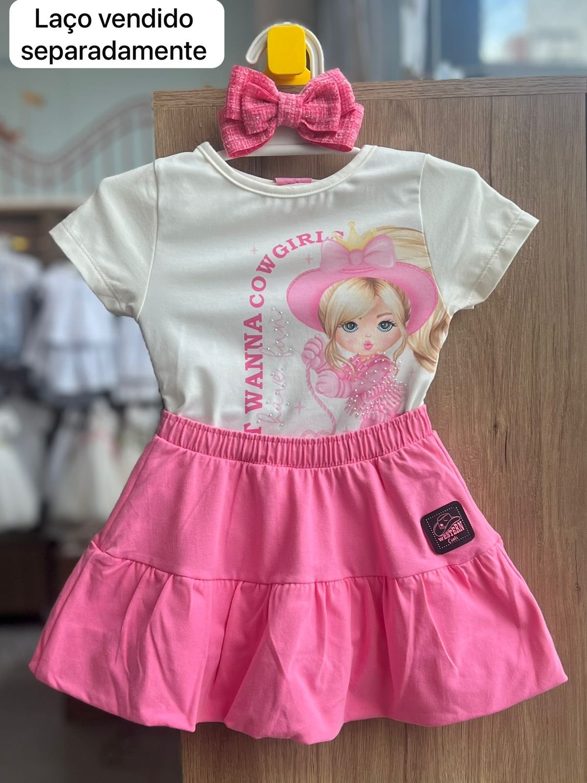 CONJUNTO BLUSA MANGA CURTA BOIADEIRA STRASS COWGIRL E SAIA MENINA CINTI - OFF/ROSA