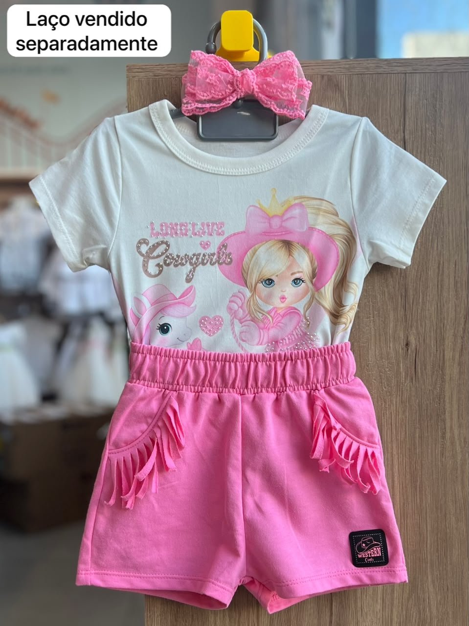 CONJUNTO BLUSA MANGA CURTA COWGIRL STRASS BOIADEIRA E SHORT MENINA CINTI - OFF/ROSA