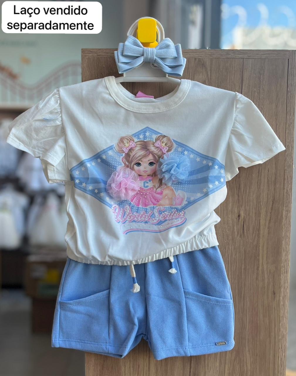 CONJUNTO BLUSA MANGA CURTA LIDER DE TORCIDA STRASS POM POM TULE E SHORT MENINA CINTI - OFF/AZUL