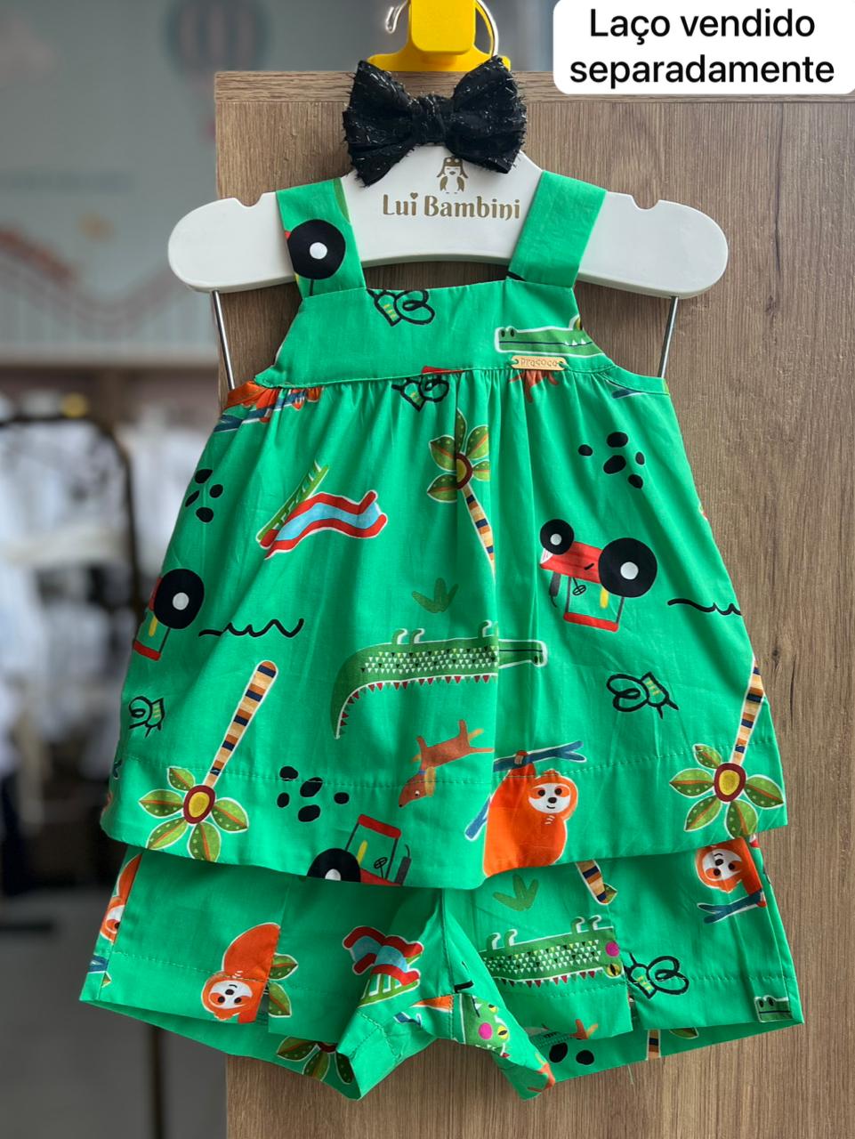 CONJUNTO BLUSA ALÇA BICHINHOS JACARÉ E SHORT MENINA PRECOCE - VERDE