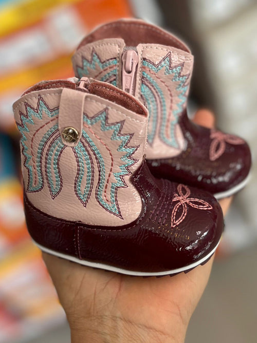 BOTA TEXANA BORDADO BOIADEIRA COWGIRL ZÍPER MENINA XUÁ XUÁ - ROSA CLARO/VINHO