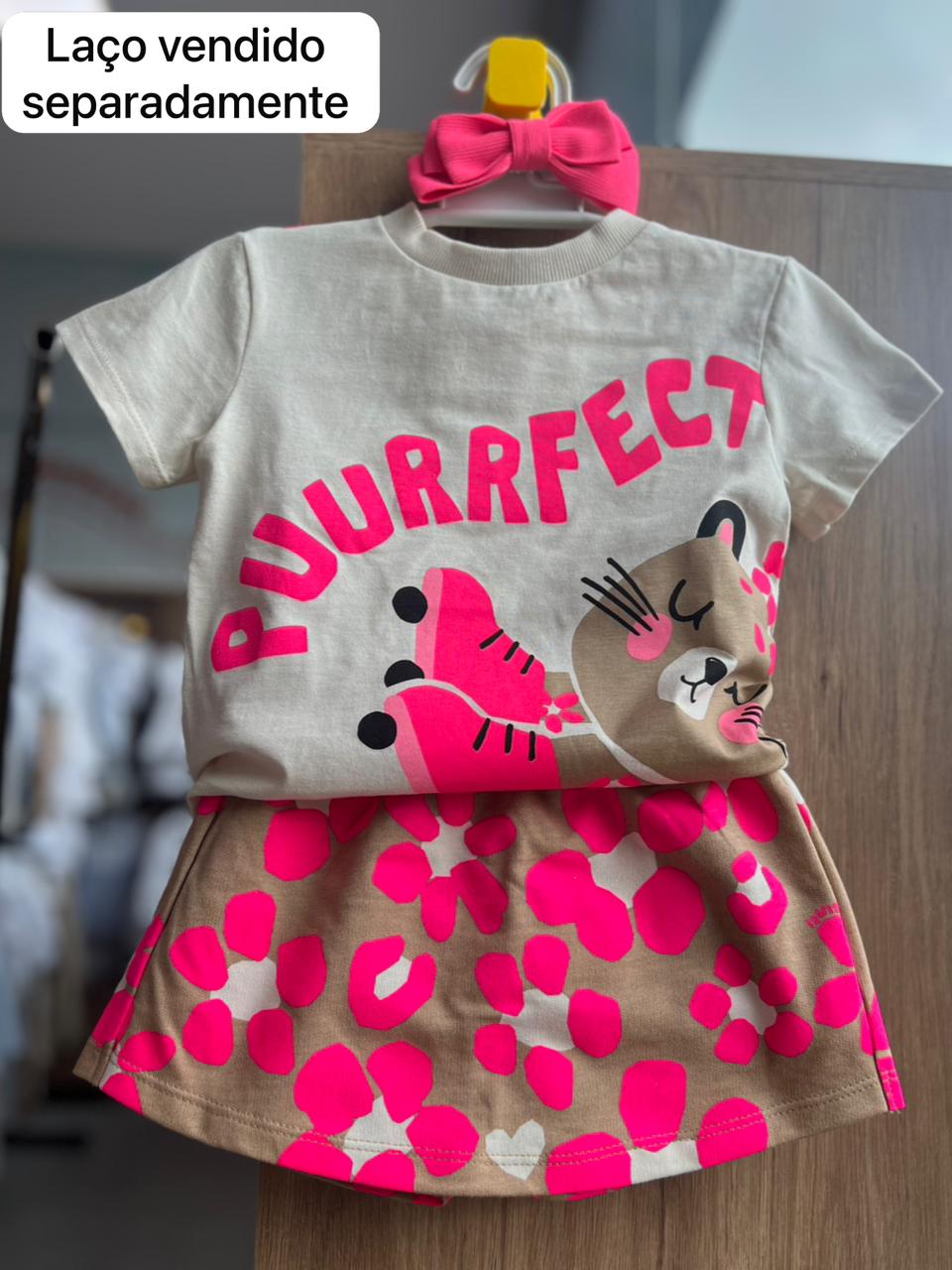 CONJUNTO BLUSA MANGA CURTA PUURFECT BICHINHO PATINS E SHORT MENINA BIMBI - BEGE/ROSA