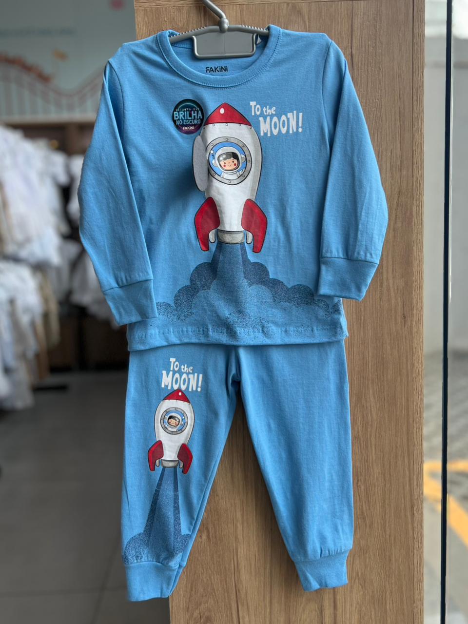 CONJUNTO PIJAMA MANGA LONGA FOGUETE E CALÇA MENINO FAKINI - AZUL CLARO