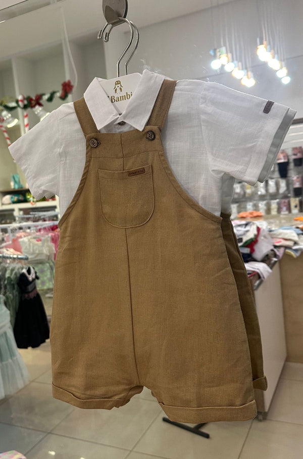 CONJUNTO BODY CAMISA MANGA CURTA COM JARDINEIRA ALÇA E BOLSO LINHO MENINO UP BABY