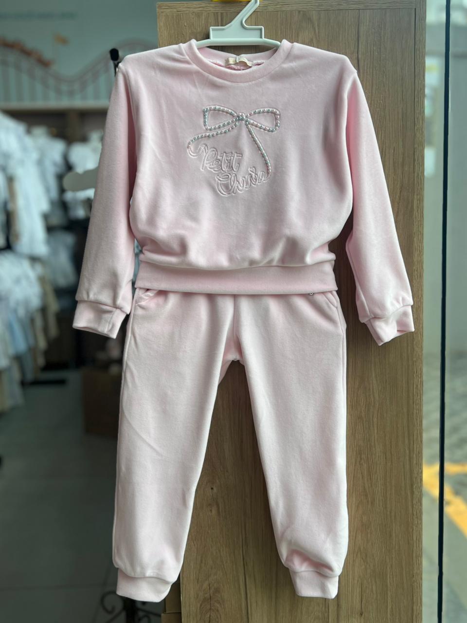 CONJUNTO BLUSÃO MANGA LONGA AVELUDADO PÉROLAS LAÇO E CALÇA MENINA PETIT CHERIE - ROSA