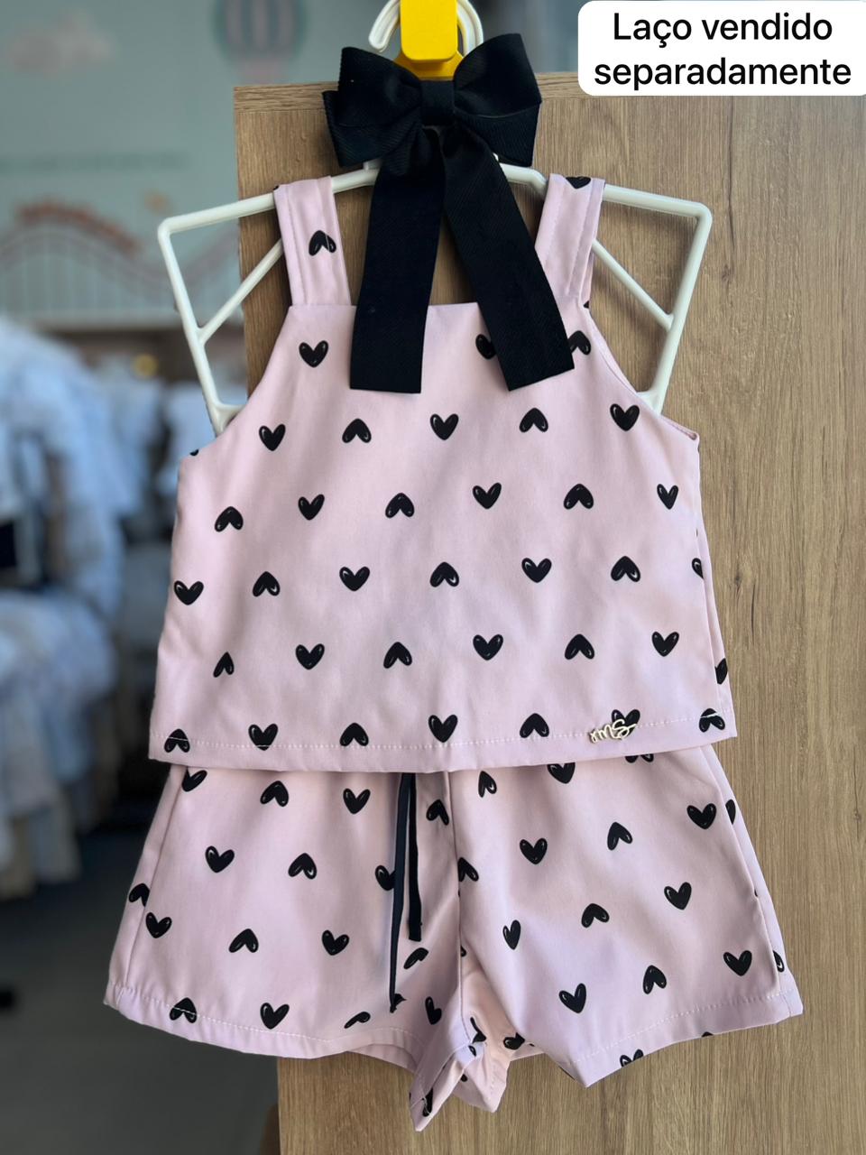 CONJUNTO BLUSA ALÇA CORAÇÕES E SHORT MENINA MON SUCRÉ - ROSA CLARO