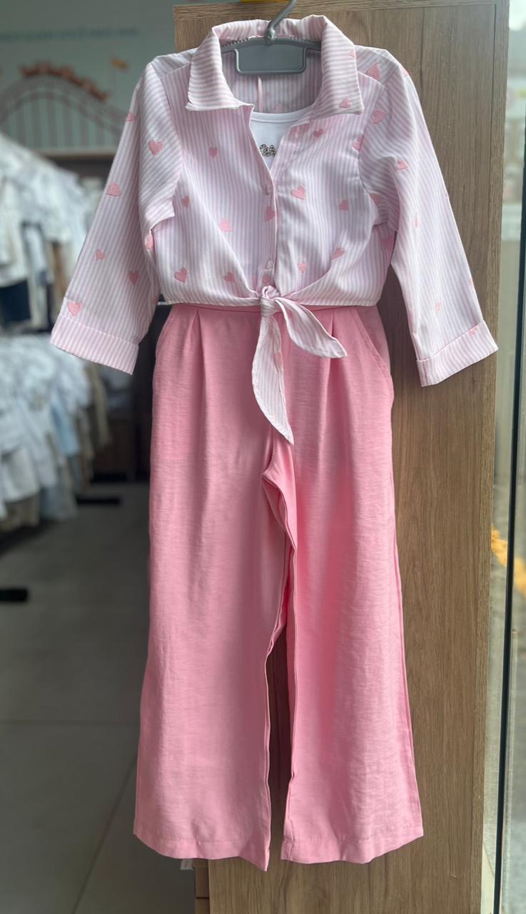 CONJUNTO CAMISA MANGA LONGA LISTRADO CORAÇÕES BORDADO E CALÇA MENINA GABRIELA AQUARELA - ROSA
