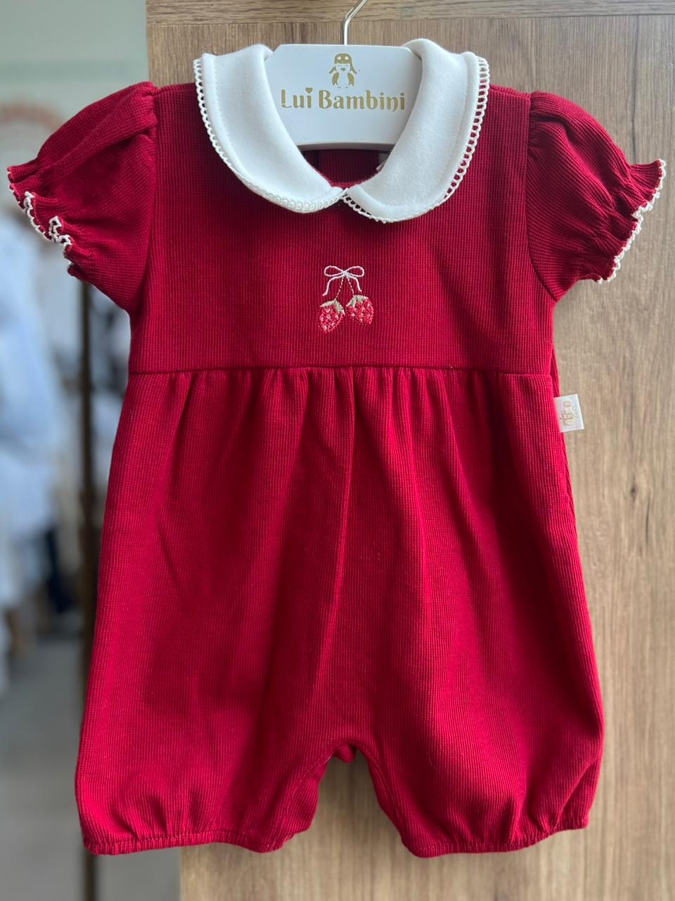 MACACÃO MANGA CURTA BORDADO MORANGO TRICOT TRICO MENINA ANJOS BABY - VERMELHO