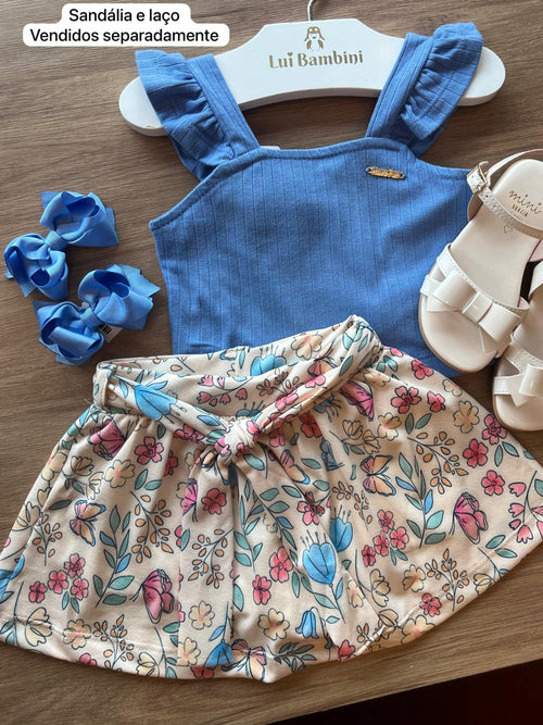 CONJUNTO ALÇA BABADO CANELADO SHORT SAIA MENINA HAVE FUN - AZUL