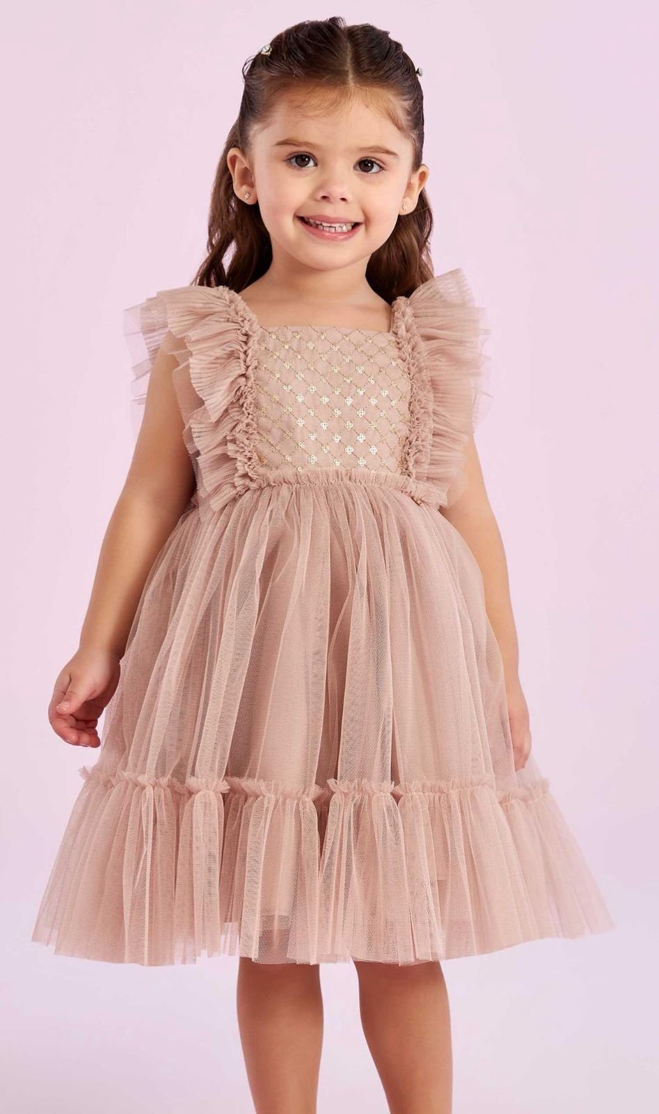 VESTIDO ALÇA BABADO TULE BORDADO PAETES MENINA PETIT CHERIE - MARROM