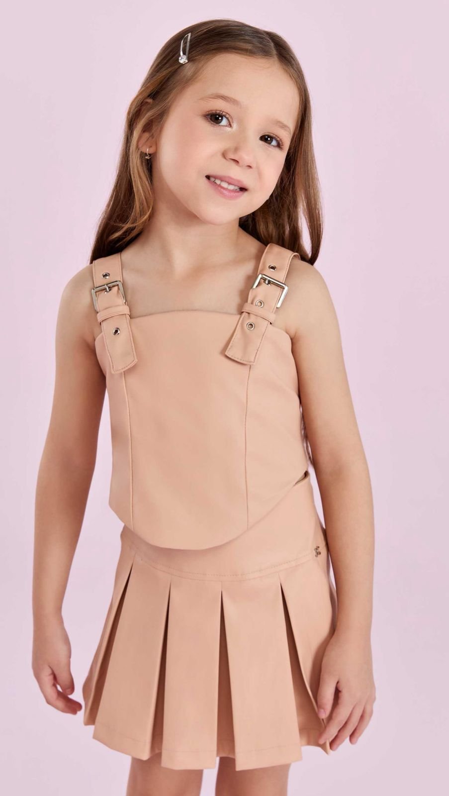 CONJUNTO BLUSA ALÇA FECHO METÁLICO CIRRÊ COM SAIA MENINA PETIT CHERIE - BEGE
