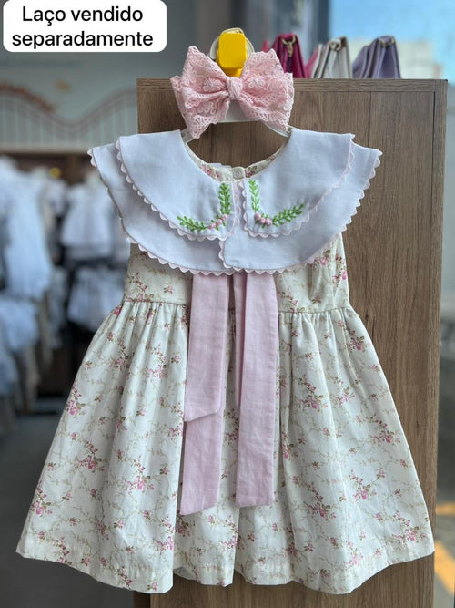 VESTIDO REGATA GOLA DUPLA COM LAÇO TULIPAS E FLORES MENINA LUI BAMBINI - CREME