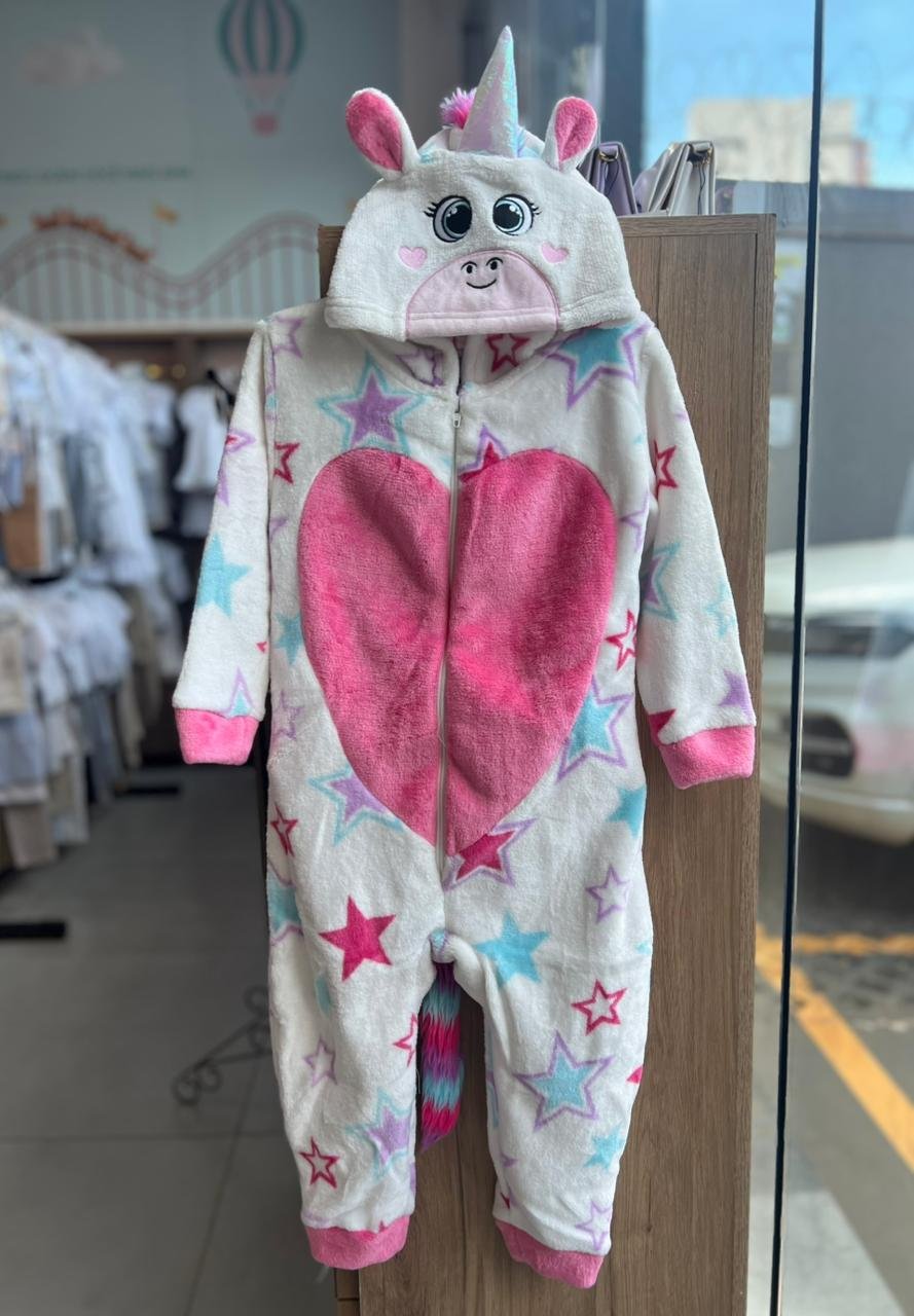 MACACÃO KIGURUMI MANGA LONGA CAPUZ UNICORNIO MENINA FAKINI - ROSA