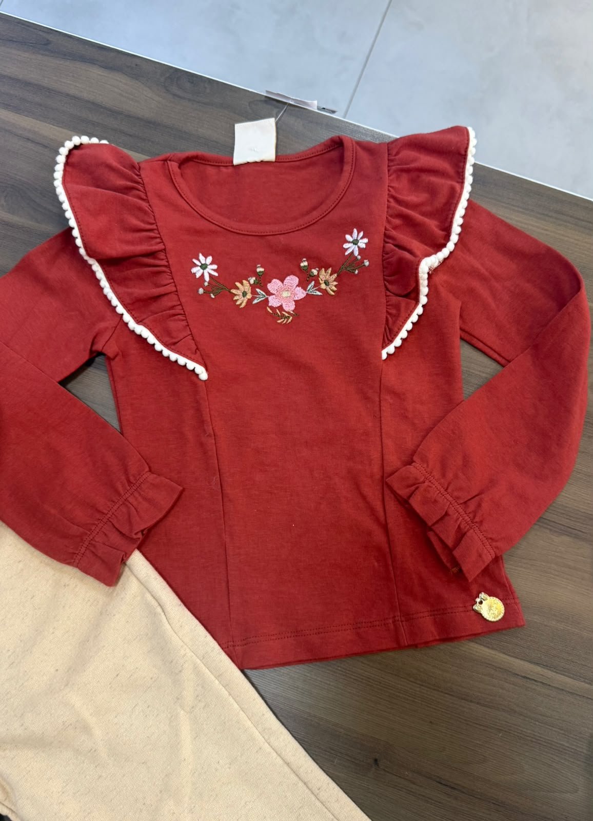 BLUSA MANGA LONGA BORDADO FLORES MENINA ANGERO - MARROM