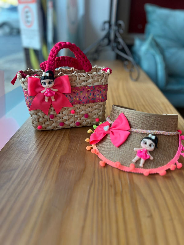 KIT BOLSA DE PRAIA COM ALÇA OMBRO E VISEIRA CONFETES POÁ POMPOM MENINA LUI BAMBINI