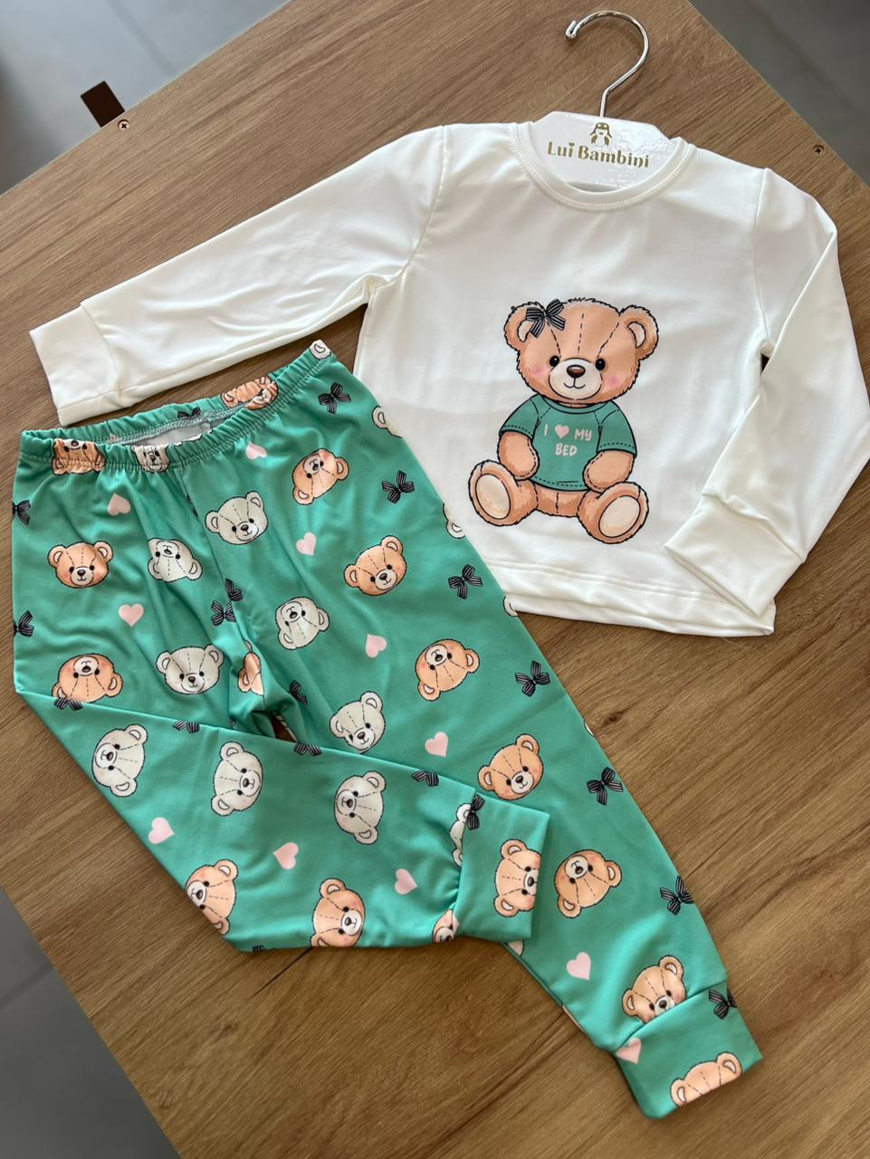 CONJUNTO PIJAMA BLUSA TÉRMICA MANGA LONGA I LOVE MY BED URSO E CALÇA MENINA HAVE FUN - OFF/VERDE