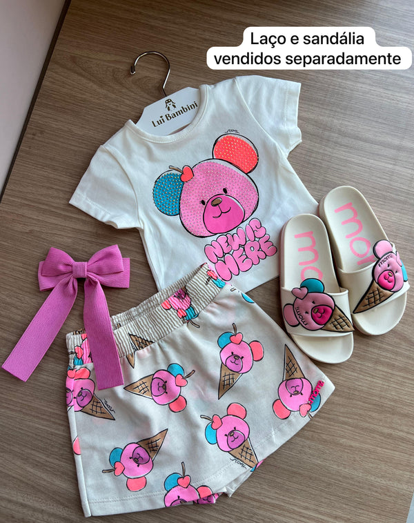 CONJUNTO BLUSA STRASS URSO SORVETE E SHORT SAIA MENINA MOMI