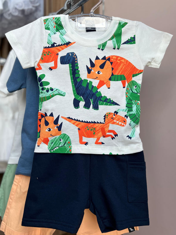 CONJUNTO CAMISETA MANGA CURTA DINOSSAUROS E BERMUDA MOLETOM BOLSO LATERAL MENINO BEE LOOP