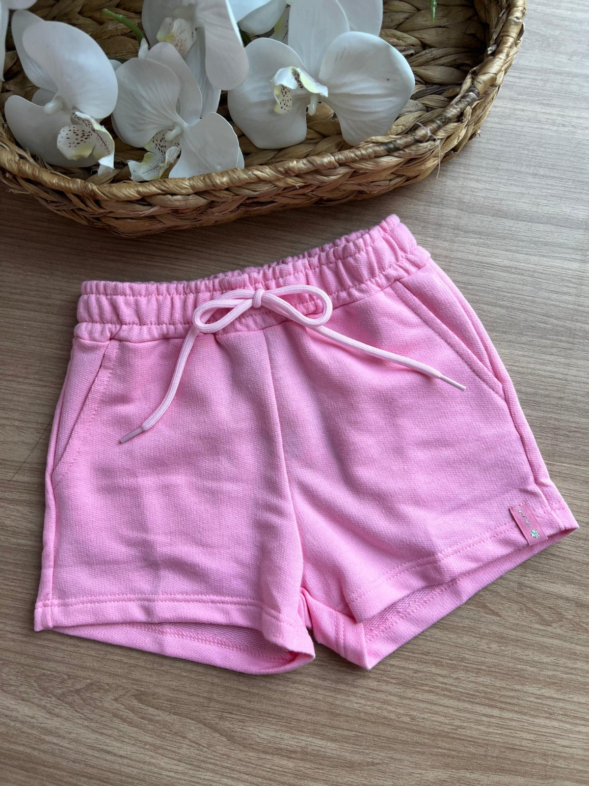 SHORT MOLETOM BOLSO CORDÃO ELÁSTICO CÓS MENINA QUIMBY - ROSA