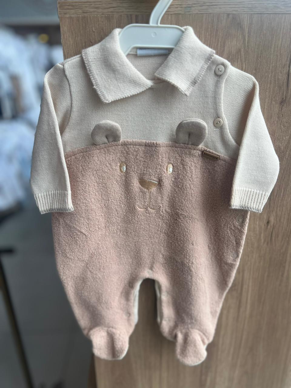 MACACÃO MANGA LONGA TRICOT URSO MENINO NORUEGA - BEGE/MARROM
