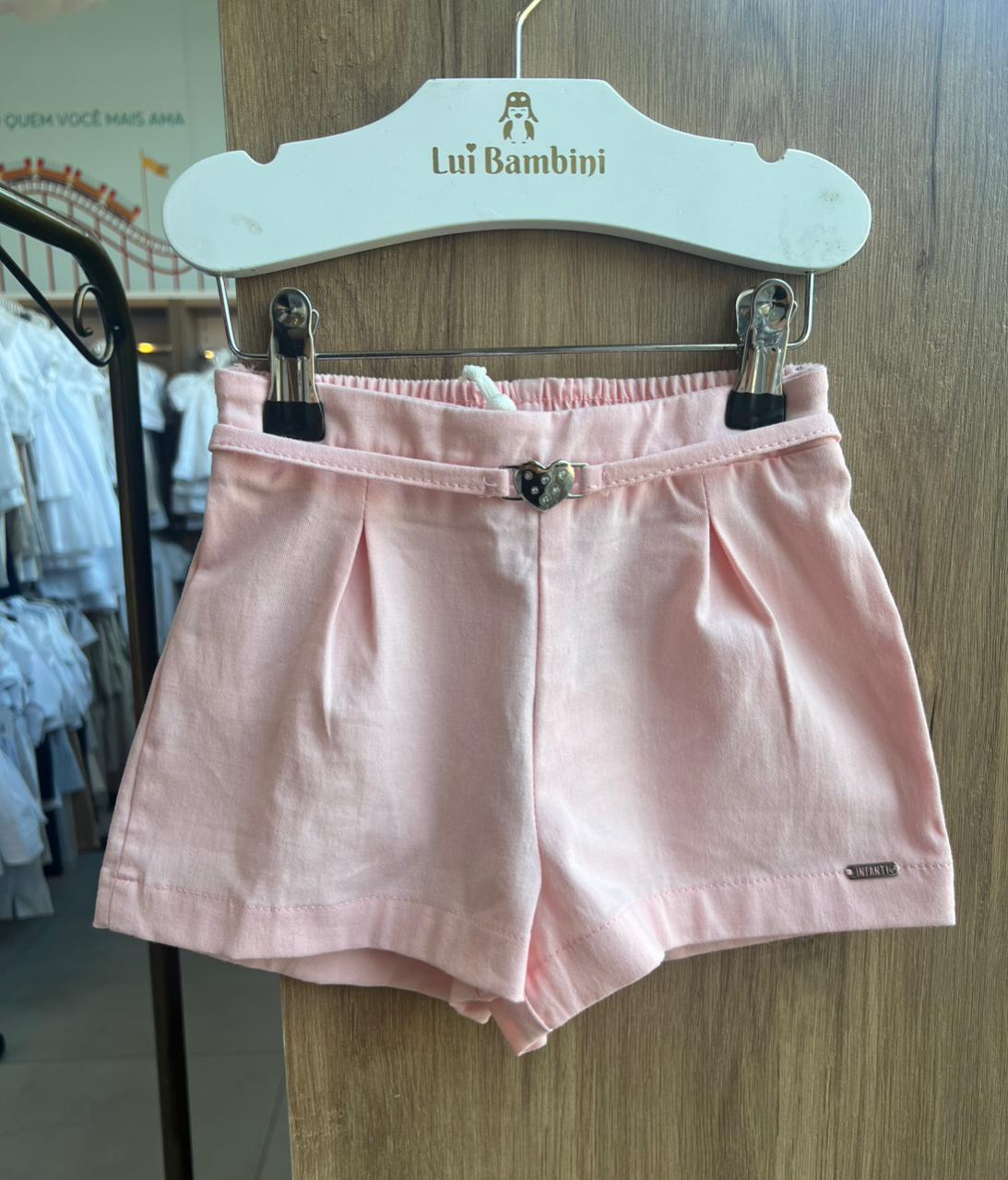 SHORT SARJA ELASTANO PINGENTE CORAÇÃO CINTO MENINA INFANTI - ROSA CLARO