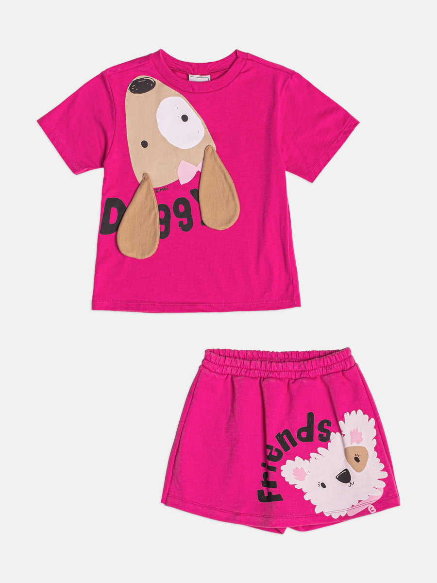 CONJUNTO BLUSA MANGA CURTA CACHORRO ORELHA FIXA E SHORT SAIA MENINA BIMBI