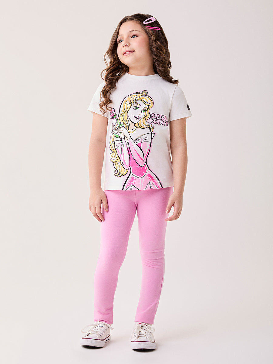 CONJUNTO BLUSA MANGA CURTA AURORA BELA ADORMECIDA SLEEPING BEAUTY E CALÇA LEGGING MENINA BIMBI