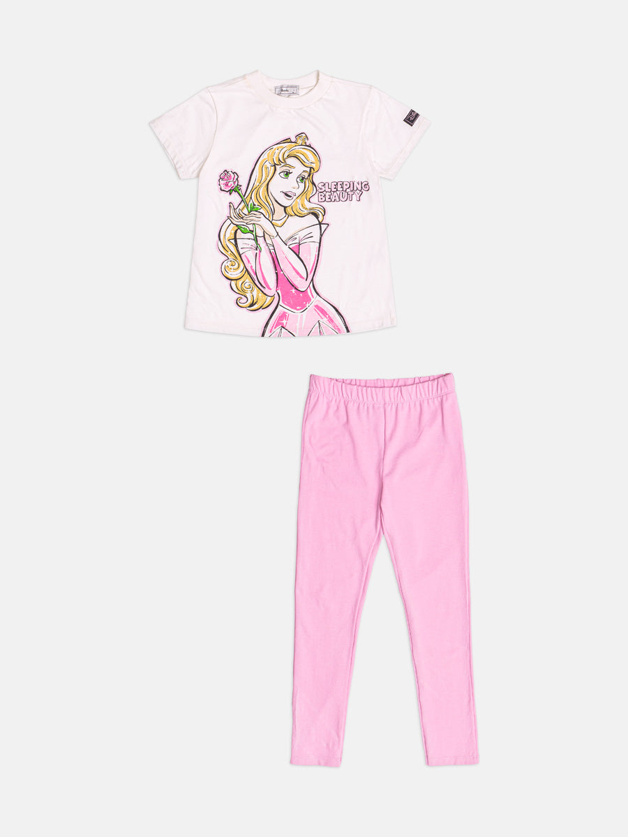 CONJUNTO BLUSA MANGA CURTA AURORA BELA ADORMECIDA SLEEPING BEAUTY E CALÇA LEGGING MENINA BIMBI