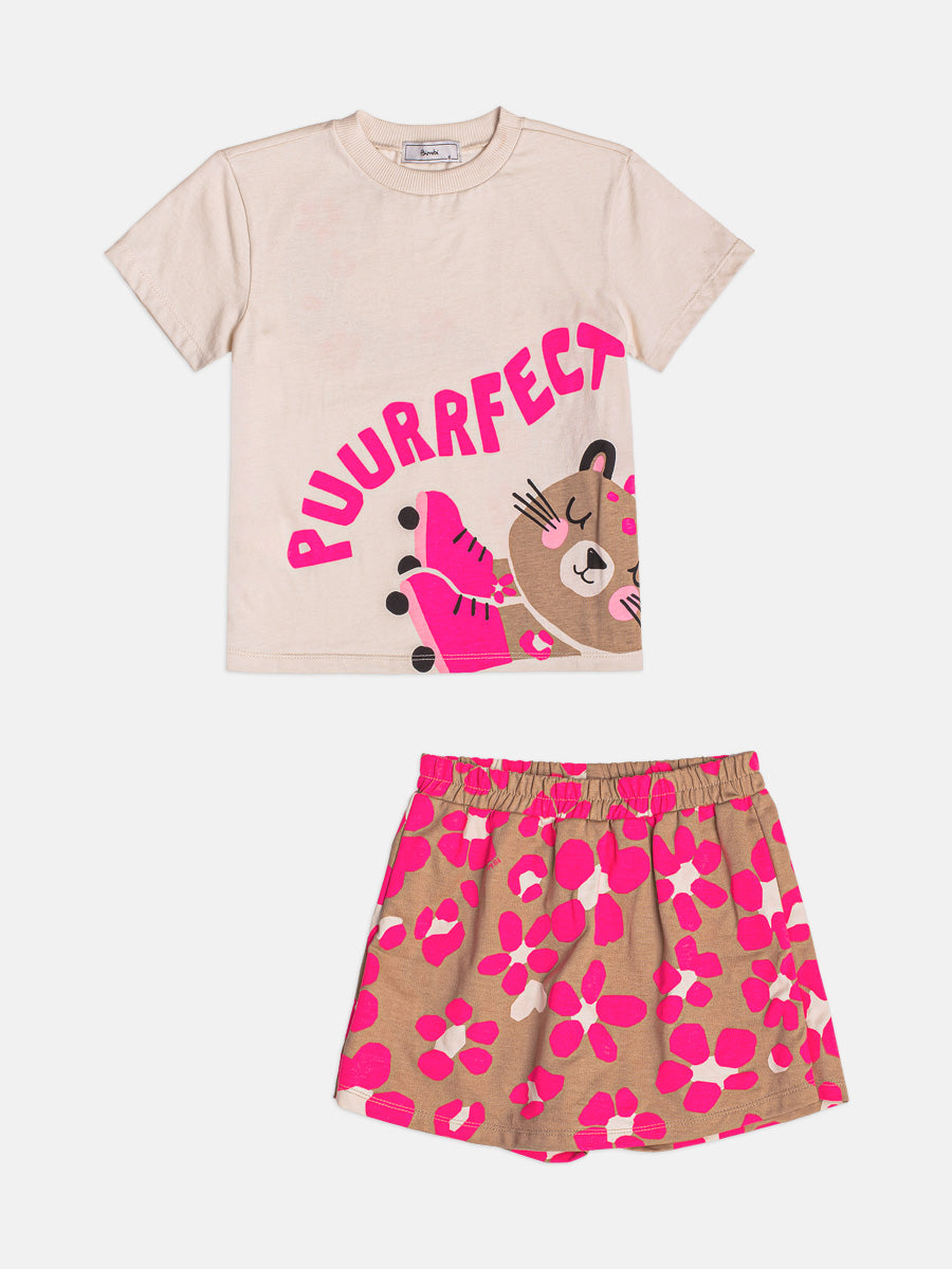 CONJUNTO BLUSA MANGA CURTA PUURFECT BICHINHO PATINS E SHORT MENINA BIMBI