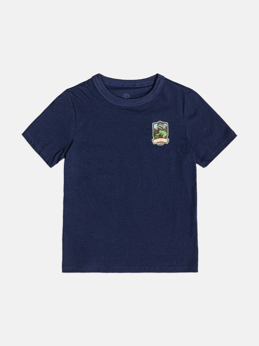 CAMISETA MANGA CURTA ROAR KING DINO DINOSSAURO REI T-REX PATCH MENINO BIMBI