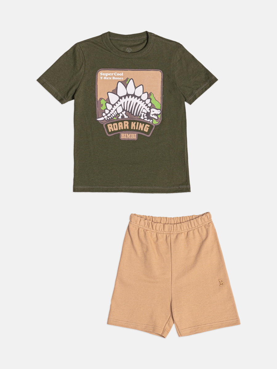 CONJUNTO CAMISETA MANGA CURTA FOSSEIS DINO DINOSSAURO T-REX E BERMUDA MENINO BIMBI