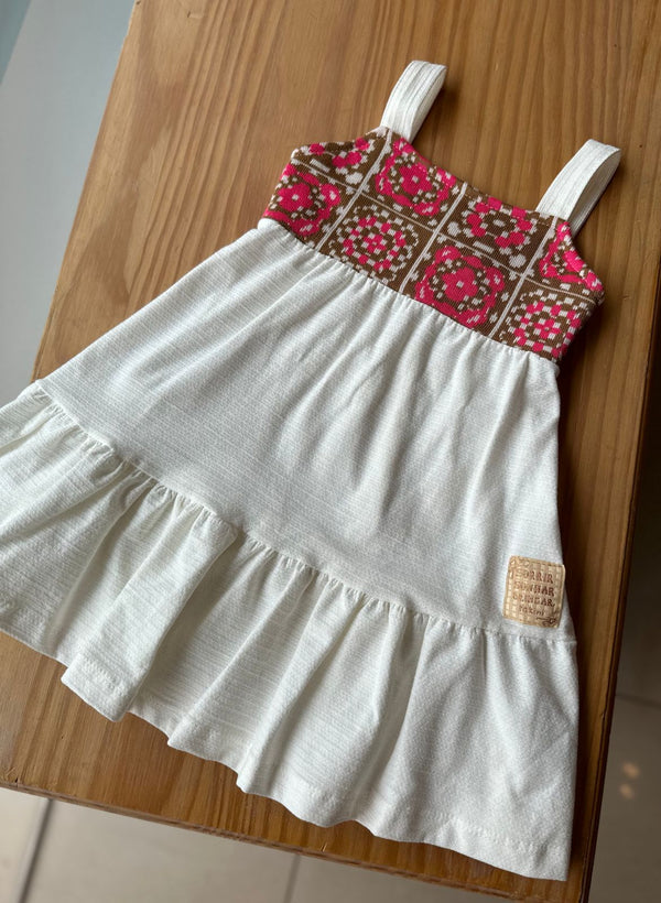 VESTIDO REGATA COM ALÇA EM TRICÔ E MALHA FLORAL MENINA FAKINI