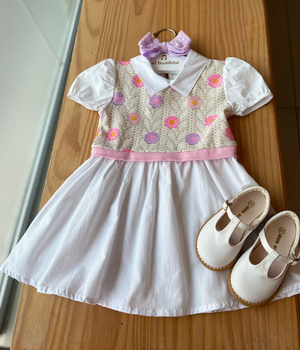 VESTIDO MANGA CURTA COM GOLA FLORAL E CALCINHA MENINA KUKIE