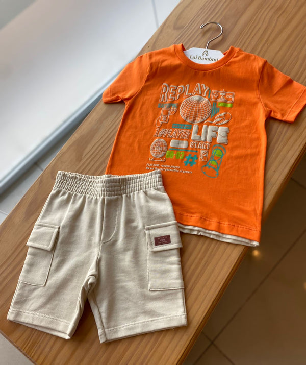 CONJUNTO CAMISETA MANGA CURTA REPLAY GAMER COM BERMUDA BOLSO MOLETOM MENINO HAVE FUN
