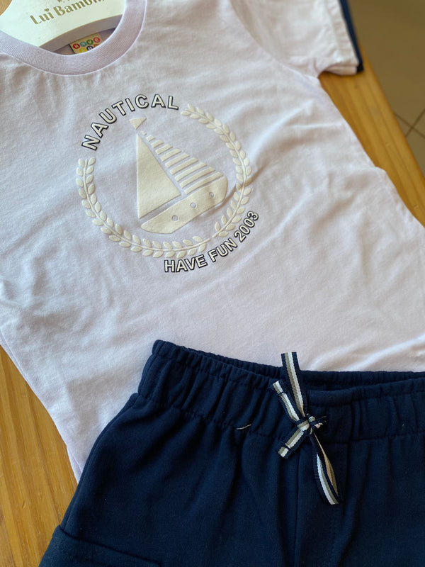 CONJUNTO CAMISETA MANGA CURTA BARCO E BERMUDA BOLSO CORDÃO NAUTICAL MENINO HAVE FUN