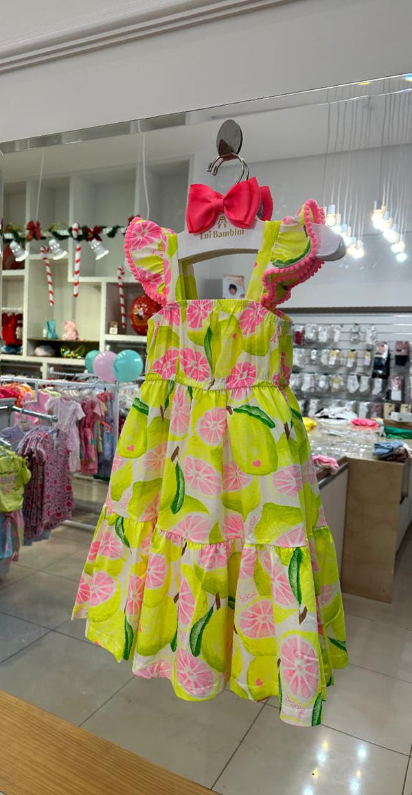 VESTIDO MANGA CURTA COM POMPOM E LIMÕES SICILIANOS MENINA FAKINI