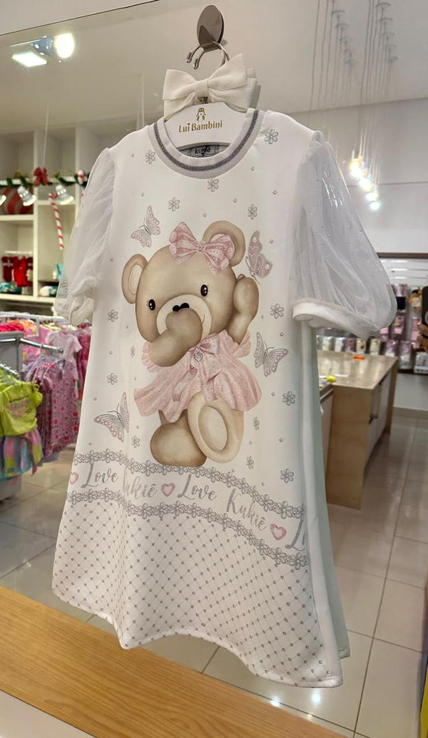 VESTIDO MANGA CURTA TULE COM STRASS URSINHA FLORES E BORBOLETAS MENINA KUKIE