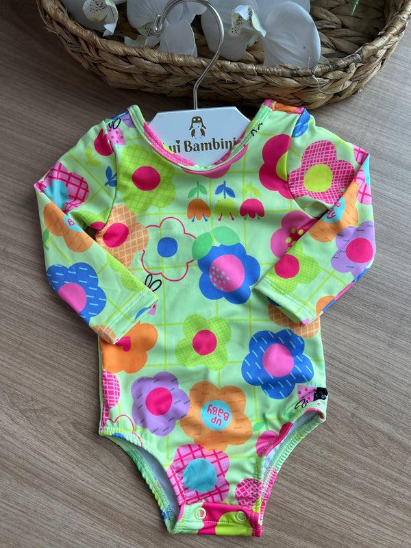 MAIÔ MANGA LONGA QUADRICULADO FLORES JOANINHA PROTEÇÃO UV50+ MENINA UP BABY