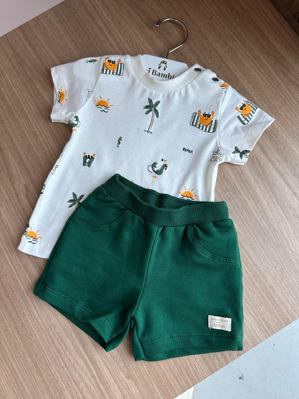 CONJUNTO CAMISETA MANGA CURTA ANIMAIS NA PRAIA MEIA MALHA E BERMUDA MOLETINHO ELÁSTICO MENINO ONDA MARINHA