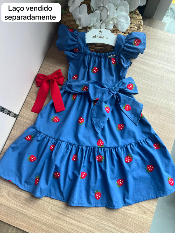 VESTIDO ALÇA BABADO BORDADO MORANGO LAÇO PINGENTE MENINA MOMI