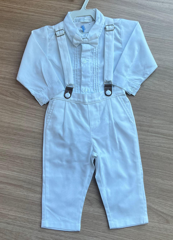 CONJUNTO CAMISA MANGA LONGA BATIZADO SUSPENSORIO GRAVATA BORBOLETA E CALÇA MENINO POLO INFANTI