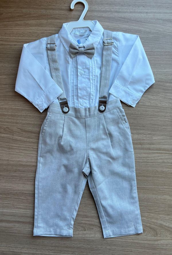 CONJUNTO CAMISA MANGA LONGA BATIZADO SUSPENSORIO GRAVATA BORBOLETA E CALÇA MENINO POLO INFANTI
